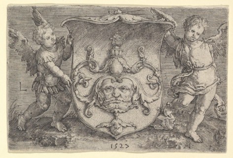 Coat of Arms with a Mask, Held by Two Genii, 1527. Creator: Lucas van Leyden.