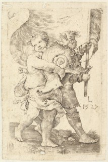 Two Boys with a Helmet and Standard, 1527. Creator: Lucas van Leyden.