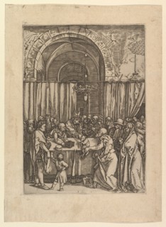 High priest refusing sacrificial lamb from Joachim, after Dürer, ca. 1500-1534. Creator: Marcantonio Raimondi.