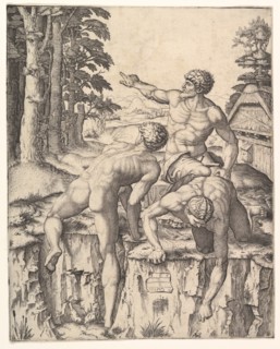 The Climbers: three naked men, one seen from behind climbing onto a river-bank, soldiers e..., 1510. Creator: Marcantonio Raimondi.