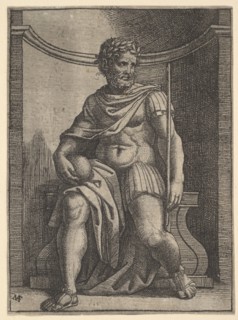 A Roman emperor sitting in a niche holding a globe and sceptre and looking to his..., ca. 1500-1534. Creator: Marcantonio Raimondi.