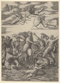 Galatea standing in a water-chariot pulled by two dolphins, surrounded by tritons, nere..., 1515-16. Creator: Marcantonio Raimondi.