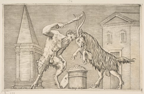 A satyr and a ram attacking each other, the satyr weilding a club with his right ha..., ca. 1515-27. Creator: Marco Dente.
