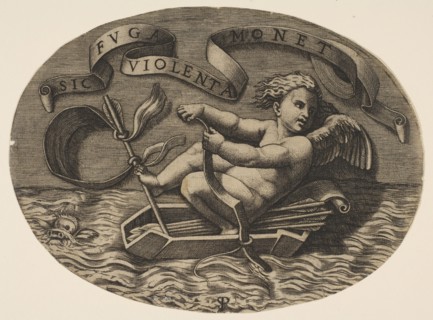 Eros escaping by sea using his bow to propel a boat made from his quiver with an ar..., ca. 1515-27. Creator: Marco Dente.