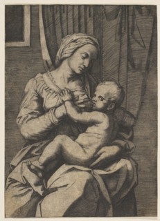 Virgin nursing the infant Christ on her lap, 1515-20. Creator: Marco Dente.