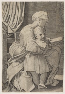 The Virgin in profile facing right reading to the infant Christ, ca. 1515-27. Creator: Attributed to Marco Dente
