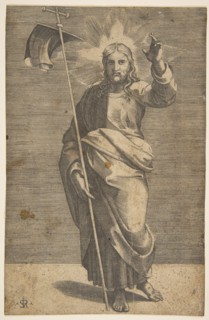 Christ standing facing forward, holding a cross with a banner and raising his left ..., ca. 1515-27. Creator: Marco Dente.