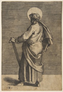 Saint Simon standing facing left, holding a saw and a book, ca. 1515-27. Creator: Marco Dente.