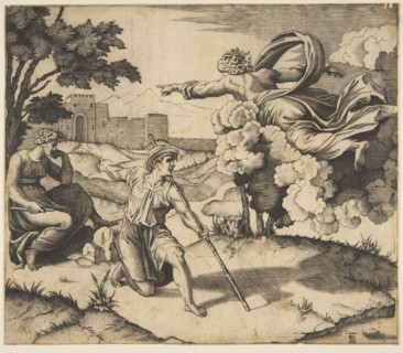 God appearing to Isaac; God floating in clouds pointing toward Rebecca seated under..., ca. 1515-27. Creator: Marco Dente.