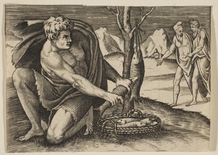 A man kneeling next to a basket of fish and taking one with both hands, two men at ..., ca. 1515-27. Creator: Marco Dente.