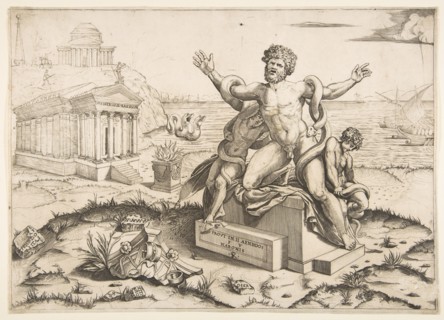 Laocoön and his two sons being attacked by serpents upon a pedestal, a temple to Mi..., ca. 1515-27. Creator: Marco Dente.