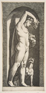 Bacchus standing in a niche holding grapes in his raised right hand, fruit in his l..., ca. 1515-27. Creator: Marco Dente.