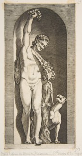 A faun standing in a niche holding aloft a bunch of grapes with his right hand and ..., ca. 1515-27. Creator: Marco Dente.
