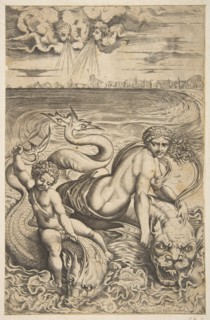 Venus and Cupid riding two sea monsters, Cupid raises an arrow in his right hand, t..., ca. 1515-27. Creator: Marco Dente.