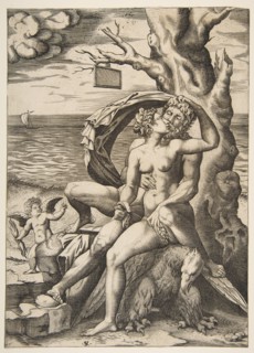 Jupiter and Semele embracing, an eagle beneath them, a tree at right with a blank t..., ca. 1515-27. Creator: Marco Dente.