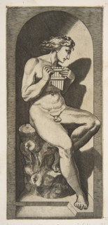 Olympus naked seated on a tree stump holding pipes, set within a niche, ca. 1515-27. Creator: Marco Dente.