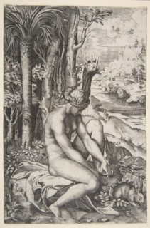 Venus removing a thorn from her left foot while seated on a cloth next to trees, a ..., ca. 1515-27. Creator: Marco Dente.