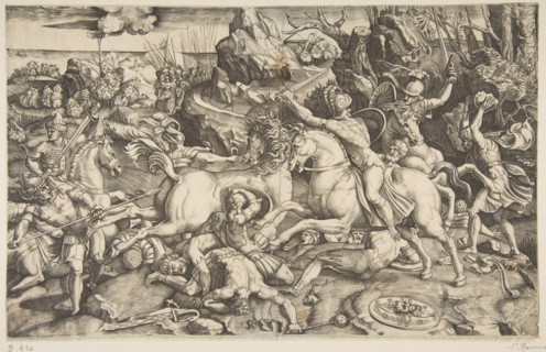 Battle scene in a landscape with soldiers on horseback and several fallen men, another..., ca. 1520. Creator: Marco Dente.