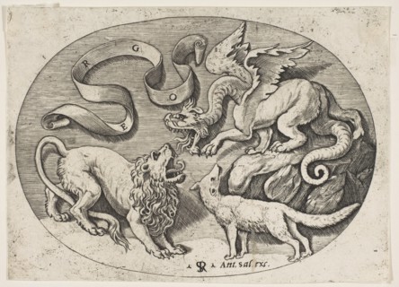 A lion, dragon and fox fighting each other, an inscribed banderole above, an oval c..., ca. 1515-27. Creator: Marco Dente.