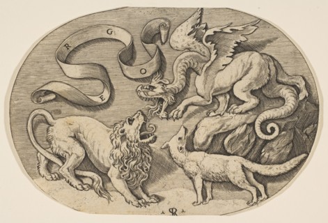 A lion, dragon and fox fighting each other, an inscribed banderole above, an oval c..., ca. 1515-27. Creator: Marco Dente.