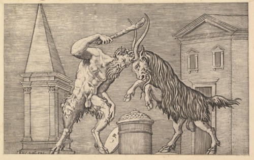Speculum Romanae Magnificentiae: A Satyr and a Ram Clashing, 16th century. Creator: Marco Dente.