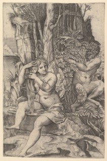 Pan spying on the nymph Syrinx who is seated on a rock, combing her hair, ca. 1516-20. Creator: Marco Dente.