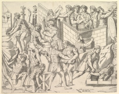 Speculum Romanae Magnificentiae: Roman Soldiers Fortifying their Camp, from Trajan..., 16th century. Creator: Marco Dente.