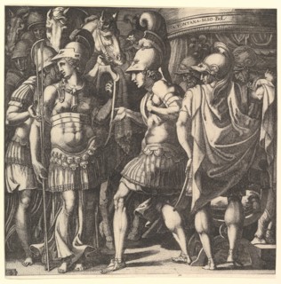 Alexander welcoming Thalestris and the Amazons, mid-16th century. Creator: Master FG.