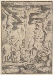 The conversion of the Centurion who flings his arms open before Christ on the cross, 1532. Creator: Master of the Die.