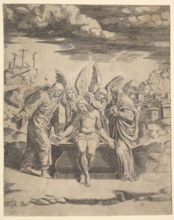 Christ seated on the tomb supported by angels, 1530-60. Creator: Master of the Die.