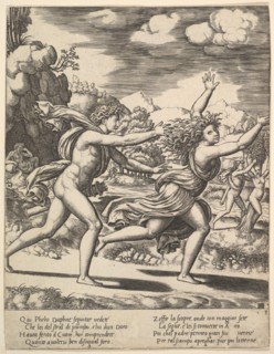 Apollo chasing Daphne who throws her arms up, in the background at right shows the mome..., 1530-60. Creator: Master of the Die.
