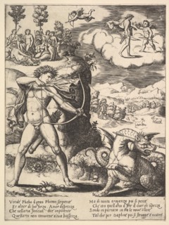 Apollo standing at left shooting a python with an arrow, above to the left are the muse..., 1530-60. Creator: Master of the Die.