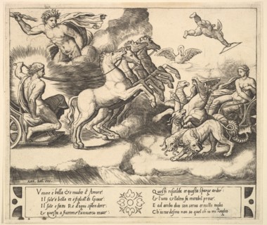 Apollo in his horse-drawn chariot at the left, above him above Jupiter hurls a thunderb..., 1530-60. Creator: Master of the Die.