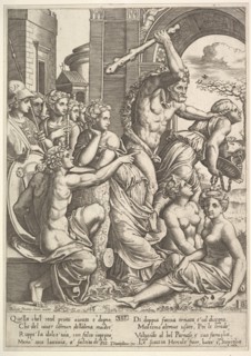 Envy or Avarice at the right being driven from the temple of the Muses by Hercules who ..., 1530-60. Creator: Master of the Die.