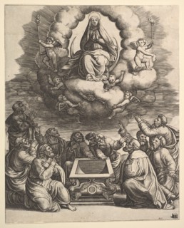 The Assumption of the Virgin, below the apostles surround the tomb, 1530-60. Creator: Master of the Die.