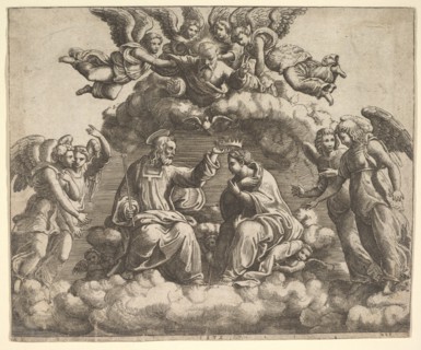 The coronation of the Virgin, Christ holding the crown over her head, God the Father bless..., 1532. Creator: Master of the Die.