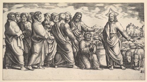 Christ standing at left indicating to a flock of sheep, before him kneels St. Peter hol..., 1530-60. Creator: Master of the Die.