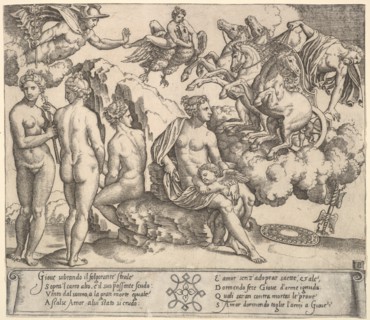 Jupiter tumbling from a horse-drawn carriage at right, Ganymede in the form of an eagle..., 1530-60. Creator: Master of the Die.
