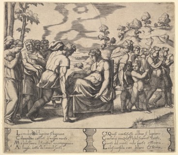 Plate 5: Psyche carried on a litter, from the 'Fable of Cupid and Psyche', 1530-60. Creator: Master of the Die.