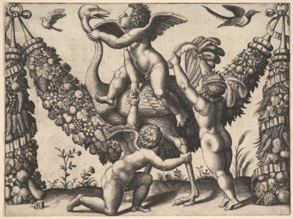 Three putti before a large garland, the one in the middle rides an ostrich, from a ..., ca. 1530-40. Creator: Master of the Die.