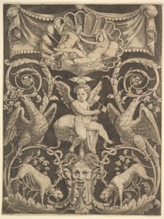 A panel of ornament with a putto in the centre holding a windmill, 1532. Creator: Master of the Die.