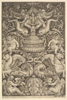 A panel of ornament with a large jar in centre, putti and other figures, 1530-60. Creator: Master of the Die.