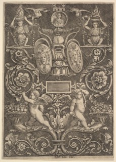 A panel of ornament, putti standing on cornucopia in lower section, 1530-60. Creator: Master of the Die.