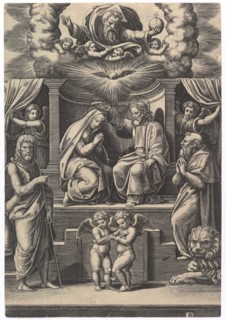 The Coronation of the Virgin, at lower left stands St John the Baptist, at lower right ..., 1530-60. Creator: Master of the Die.