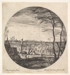 Winter landscape with figures skating on a frozen body of water in a roundel compos..., ca. 1625-60. Creator: Matthijs van Plattenberg.