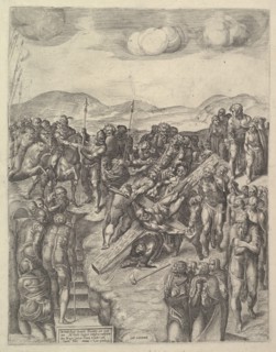 The Crucifixion of Saint Peter, after Michelangelo's frescoes in the Pauline Chapel, Va..., 1550-60. Creator: Michele Lucchese.