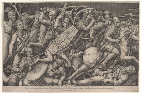Roman soldiers fighting against Dacians, battle scene in shallow depth with horses and hor..., 1553. Creator: Nicolas Beatrizet.