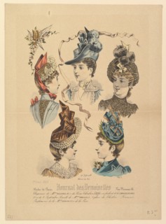 Ladies' Hats, No. 4671, from Journal des Demoiselles, April 1, 1888. Creator: Paul Deferneville.