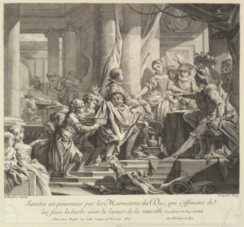 Sancho Pursued by the Kitchen Boys of the Duke, 18th century. Creator: Pierre Alexandre Aveline.