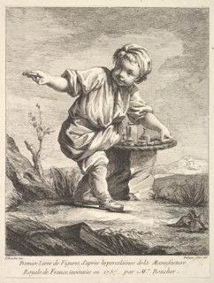 Frontispiece with litte boy holding a basket, from Premier Livre de Figures d'après les po..., 1757. Creator: Pierre Etienne Falconet.